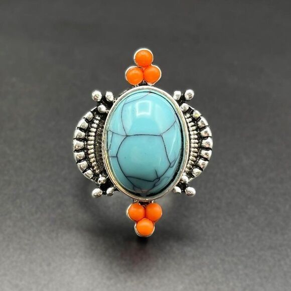 925 Sterling Silver with Turquoise and Enamel Boho Statement Ring Size 8 - Picture 6 of 9